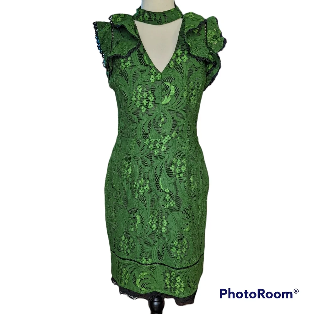 Anthropologie Adelyn Rae Green Lace Sheath Dress Flutter Sleeve Size S - Picture 4 of 11